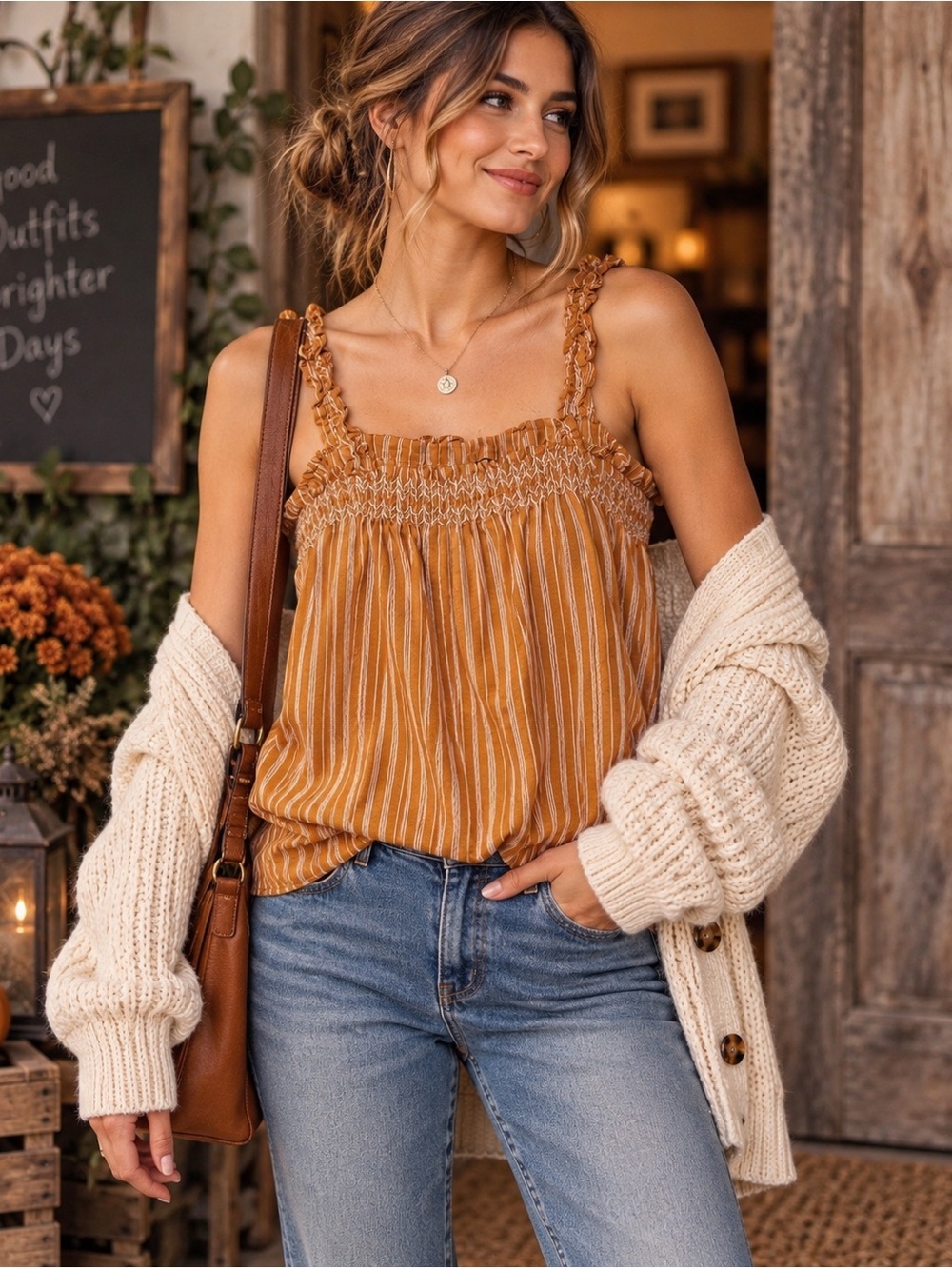 Banana Republic Mustard Stripe Smocked Babydoll Tank Top M Peasant Rustic Earthy